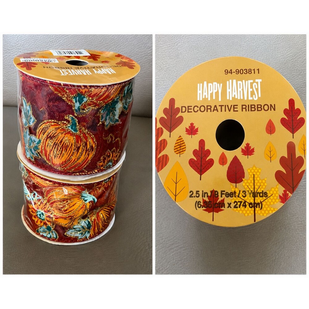 Happy Harvest Pumpkin Fall Decorative Ribbon 2.5" x 3 Yds Lot of 2 New Sealed